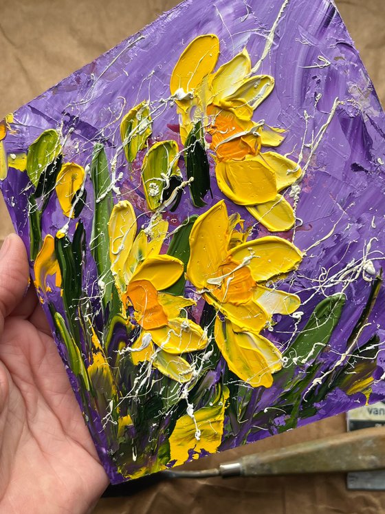Daffodil Painting Floral Original Art Flower Oil Impasto Artwork Small Wall Art 6 by 6" by Halyna Kirichenko