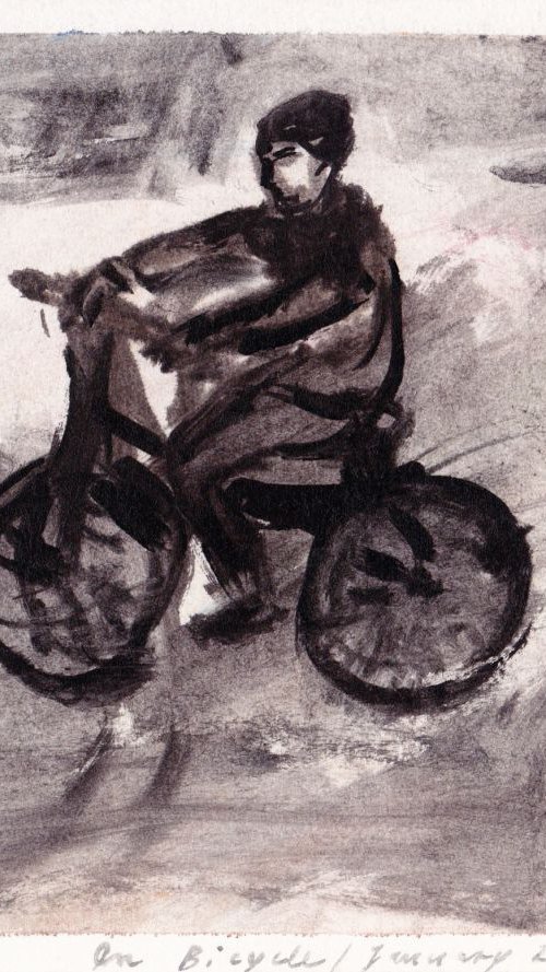 On Bicycle, January 2014, acrylic on paper by Alenka Koderman