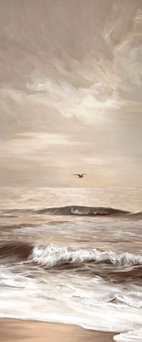 "Seaside 2" Grey beige sea oil art by Mary Ameur