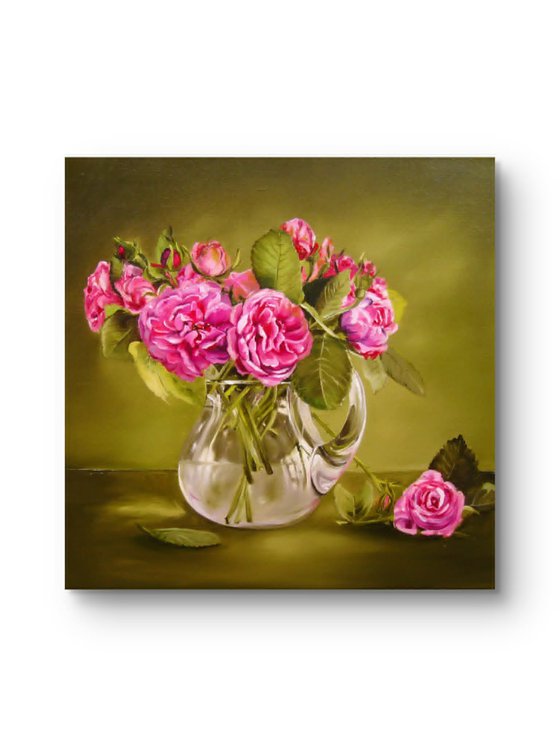 Pink Roses in Glass Vase