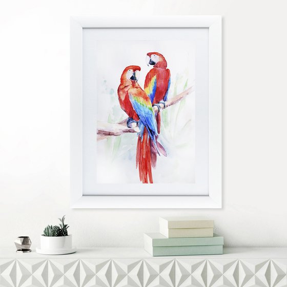 Watercolor painting Couple of birds Parrots