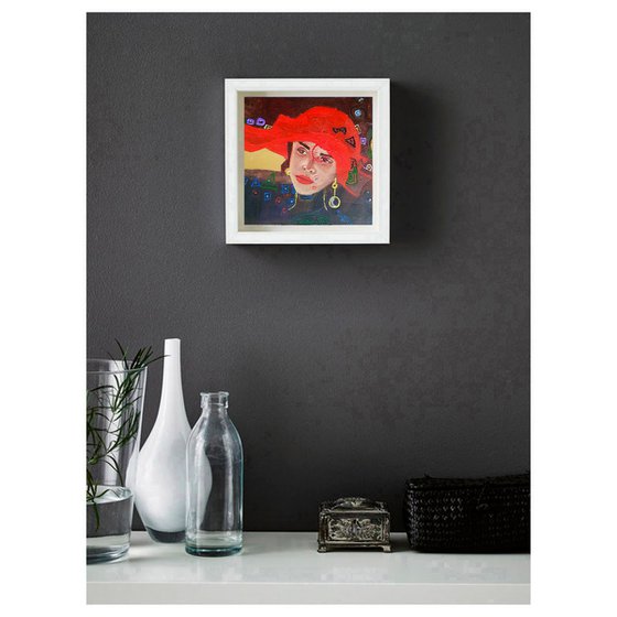 Mary, Woman Portrait Red Hat Painting Original Female Wall Art Modern Artwork