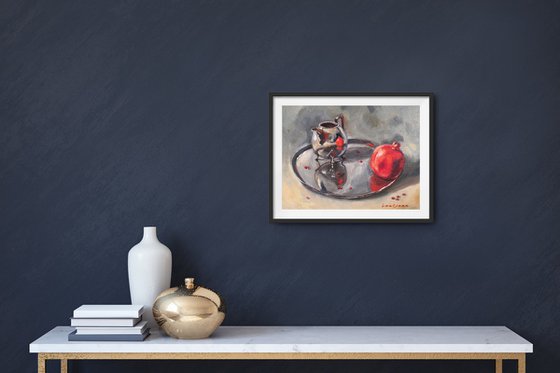 Pomegranate with Silver Teapot on a silver tray still life