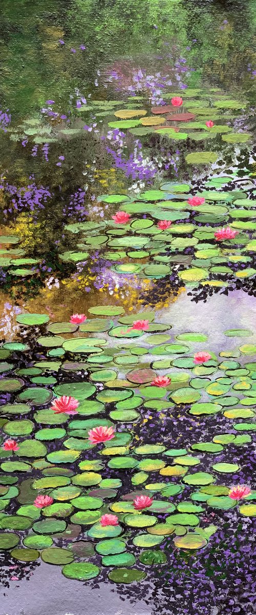 water lilies pond! Monet’s garden on Indian handmade paper by Amita Dand
