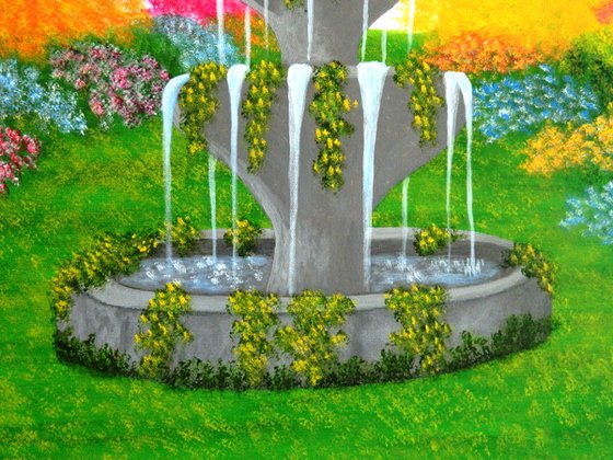 Make A Wish - large wild garden landscape; spring blossoms; wishing fountain; home, office decor; gift idea