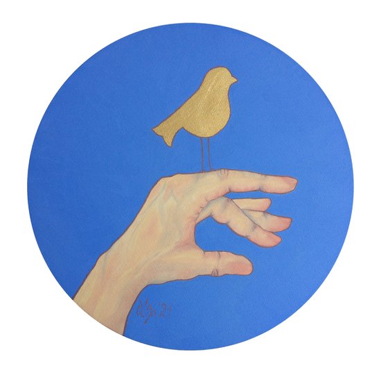 Original oil painting with golden leaf -  Hand and bird - Round canvas for living room (2021)