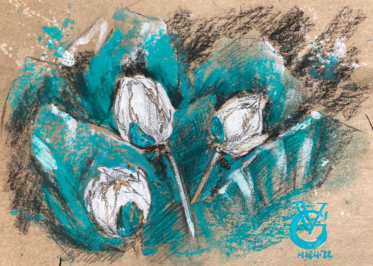 Impressionistic Botanical Drawing By Valeria Golovenkina, 12 X 8", Water Lilies In Teal 5, Original Artwork