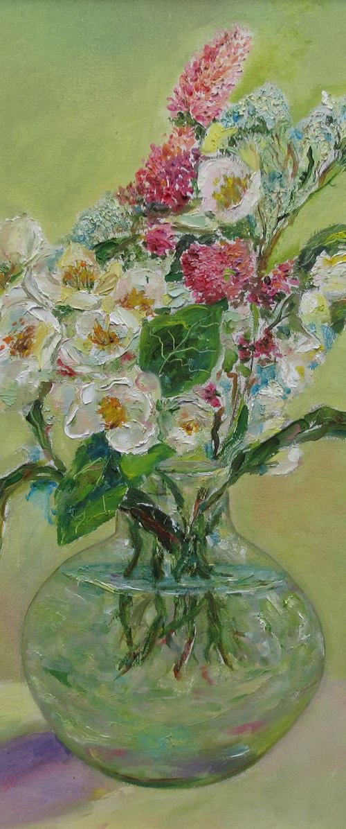 Summer dreaming - Romantic Traditional Impressionistic not Abstract Prizewinning Medium-sized Ligt Green Pink Special Gift Idea Country Flowers Oil Painting 15,8x15,8 in. (40x40 cm) by Katia Ricci