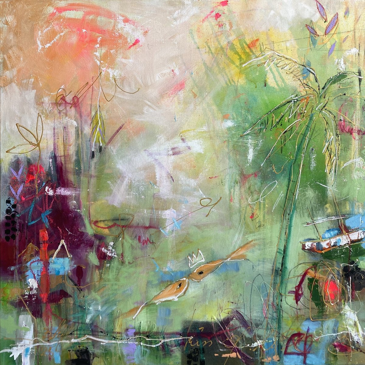 Organic Abstract Acrylic Painting By Bea Schubert, 31 X 31, Kiss Of Life No.3, Original Artwork