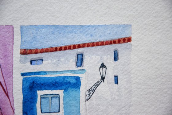 Lisbon small watercolor painting, colorful houses original painting, Portugal cityscape wall art