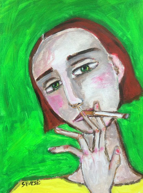 Girl Smoking 2 - woman with cigarette vintage quirky and colourful girl by Sharyn Bursic