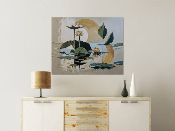 Golden Pond. Semi Abstract Water Lilies.