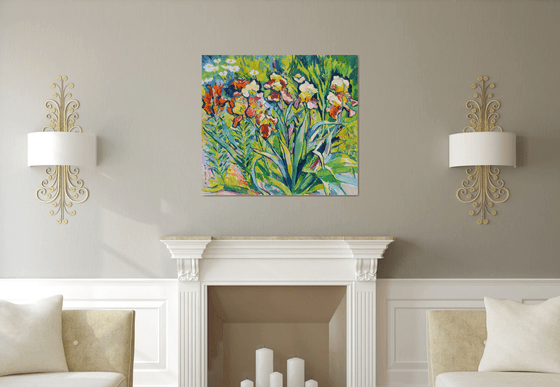 Irises and orange lilies