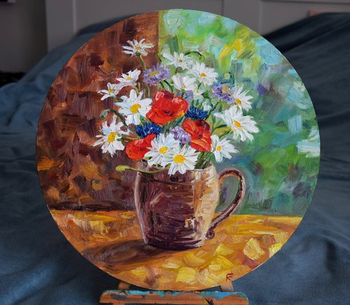 Wild Flowers Painting, Bouquet Round Oil Painting on Canvas, Floral Original Wall Art by Kate Grishakova