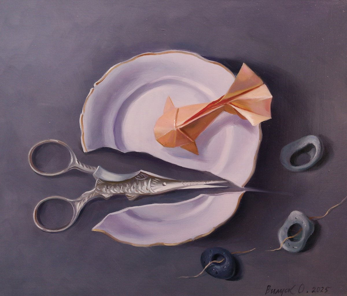 Surrealistic Still Life Oil Painting By Lena Vylusk, 14 X 12", "Element Of Objects", Original Artwork