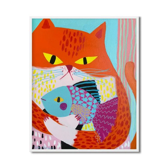 Orange Cat with Colorful Fish