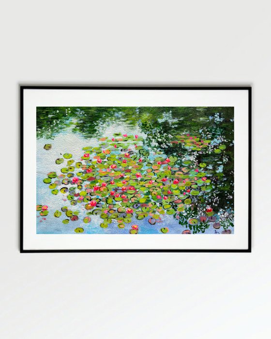 Water lilies paradise! Acrylic painting on handmade paper