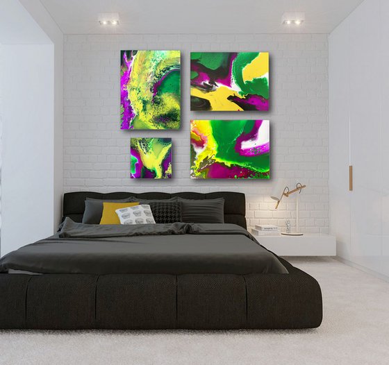 "Beautiful Invasion" - FREE USA SHIPPING - Original Quadriptych, Abstract PMS Acrylic Paintings Series - 42" x 36"