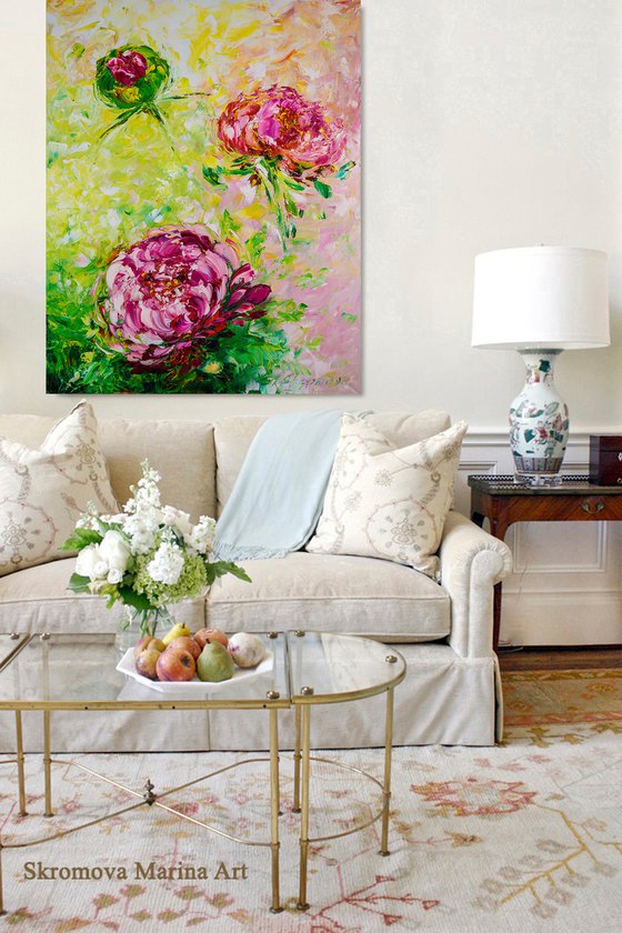 BRIGHT PEONIES - Summer day. Pink peonies. Lush buds. Abstract technique. Expressive landscape. Smile. Dawn.
