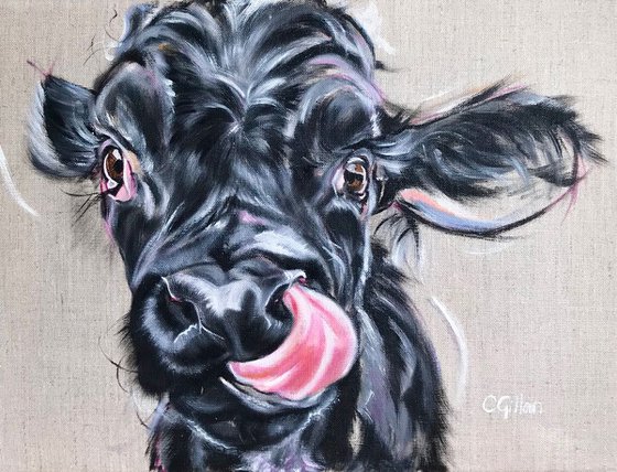 Yum Yum! Black cow calf tongue sticking out original oil painting