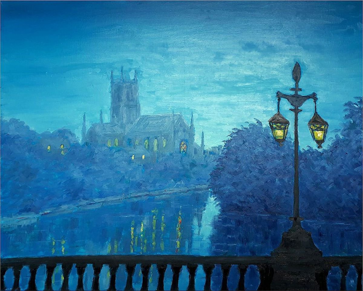 Impressionistic Landscape Oil Painting By Colin Ross Jack, 30 X 24, Worcester Cathedral Viii: Nocturne, Original Artwork