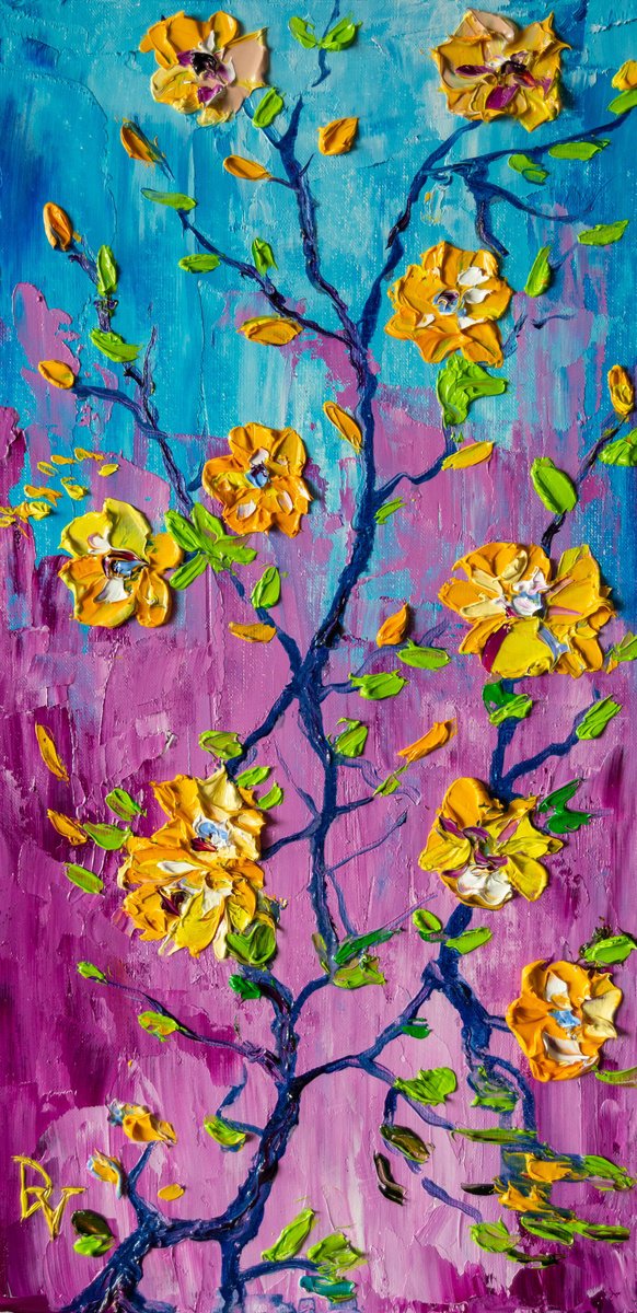 Impressionistic Botanical Oil Painting By Vladyslav Durniev, 8 X 16", Yellow Blossoms, Original Artwork