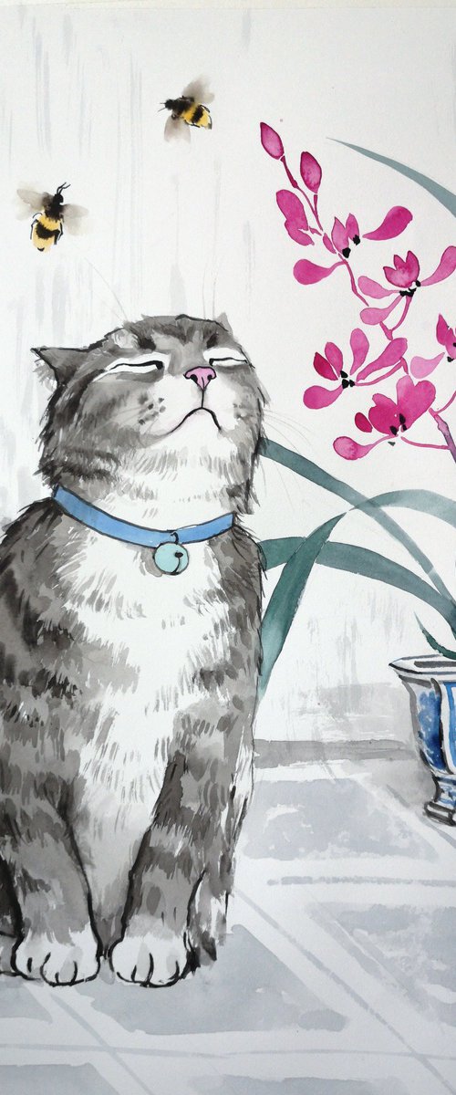 Bee Disturbed the Zen by Olga Beliaeva Watercolour