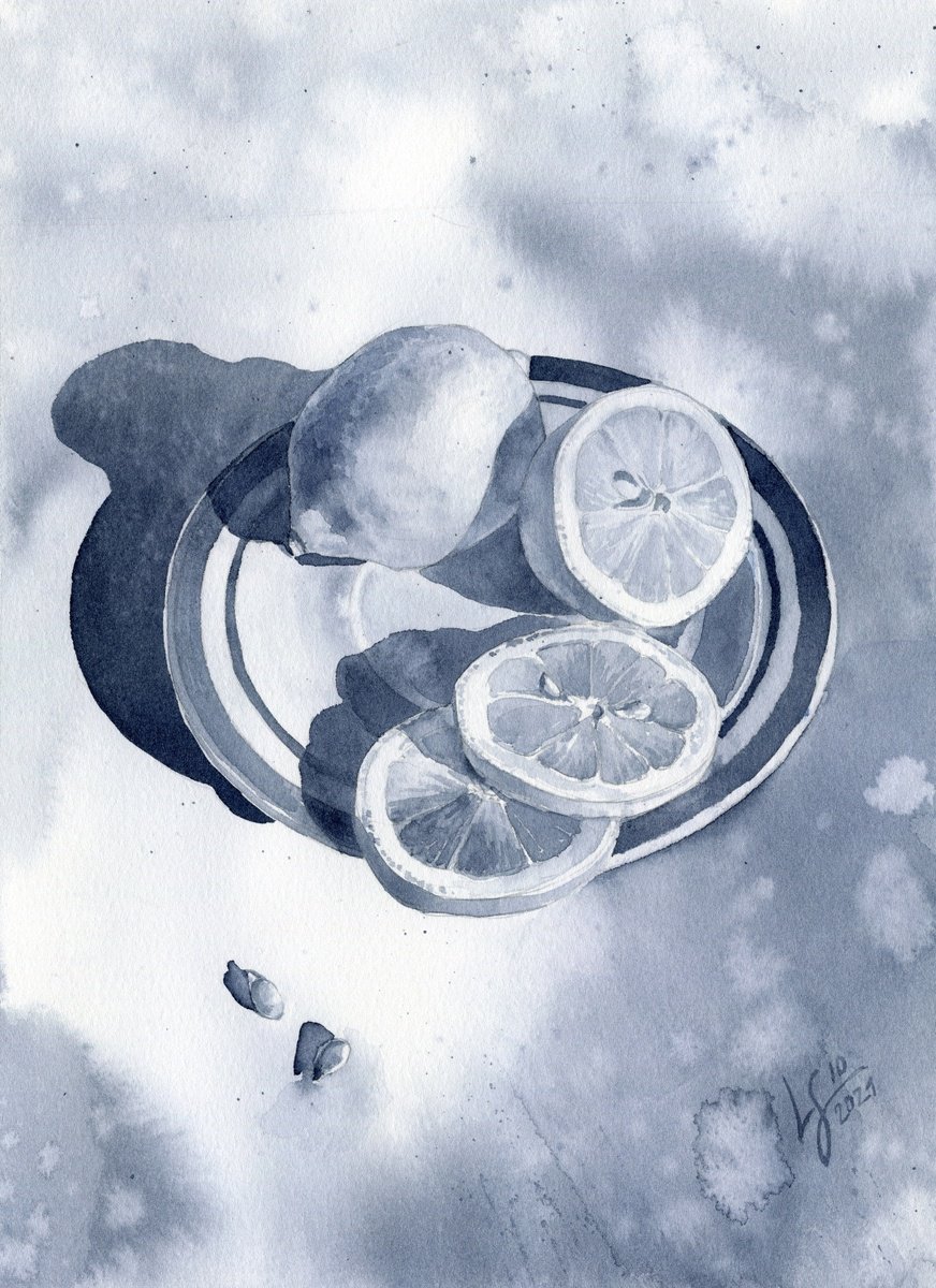 Photorealistic Still Life Watercolour By Svitlana Lagutina, 9 X 12", Citrus Shadows In Grey, Original Artwork