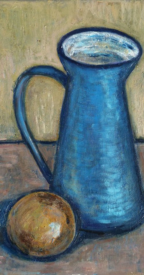 Still life with a blu jug and a orange by Elizabeth Vlasova