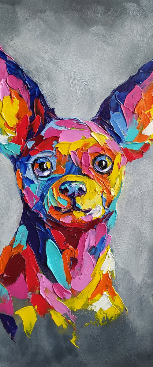 My eared friend - pet oil painting, dog, dog face, dog oil painting, chihuahua oil painting, chihuahua dog, chihuahua pet by Anastasia Kozorez