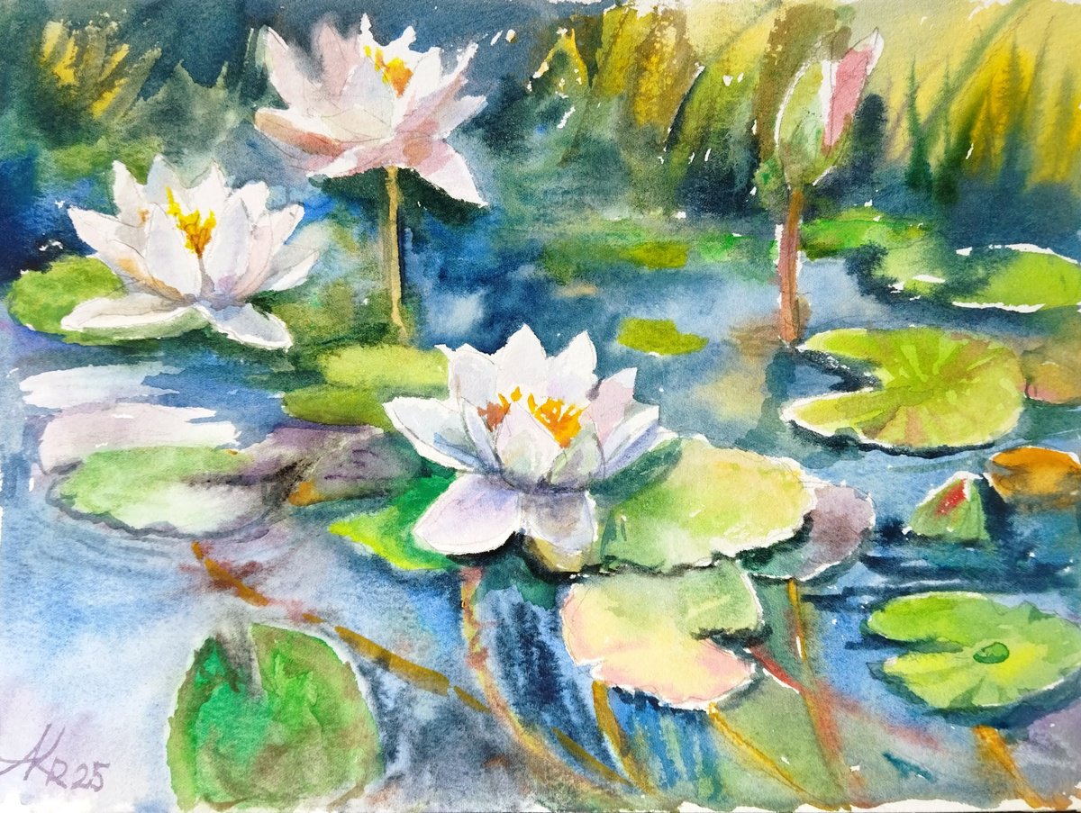 Impressionistic Landscape Drawing By Ann Krasikova, 11 X 7, Serene Water Lilies, Original Artwork