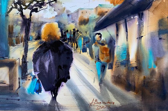 Light on the streets - original watercolor