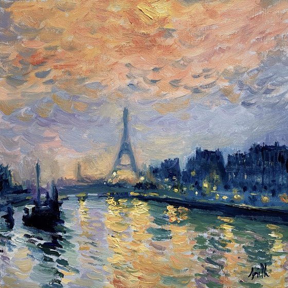 Eiffel Tower at Night, Paris. Original Cityscape Oil Painting.