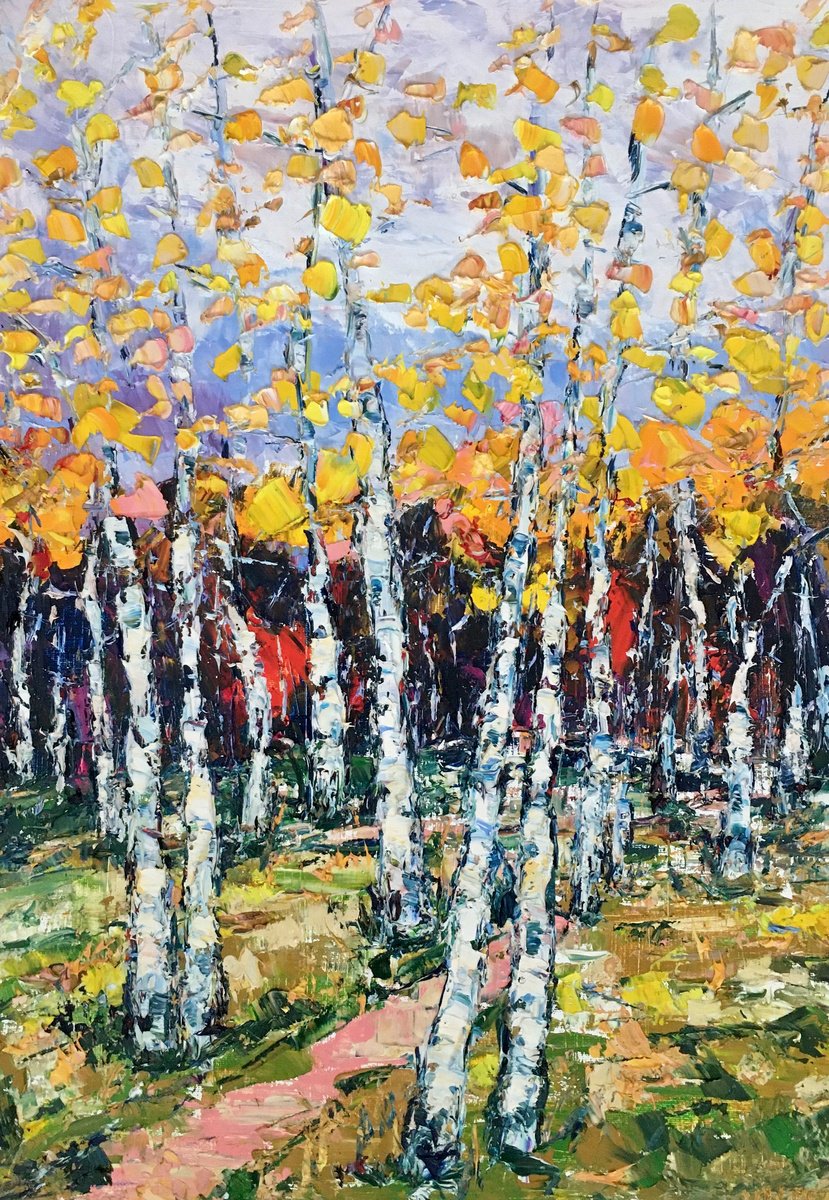 Autumn Landscape Impasto Oil Painting On Canvas Original Birch Trees Path Wall Art Decor by Vilma Gataveckiene