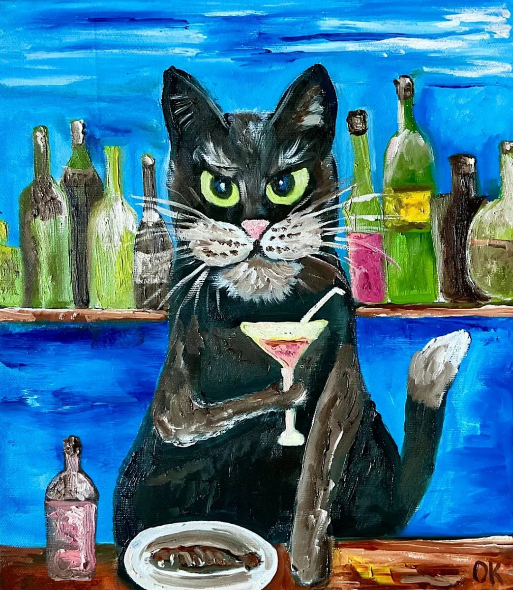 Impressionistic Animal Oil Painting By Olga Koval, 12 X 14", Martini Evening. Alchemist., Original Artwork