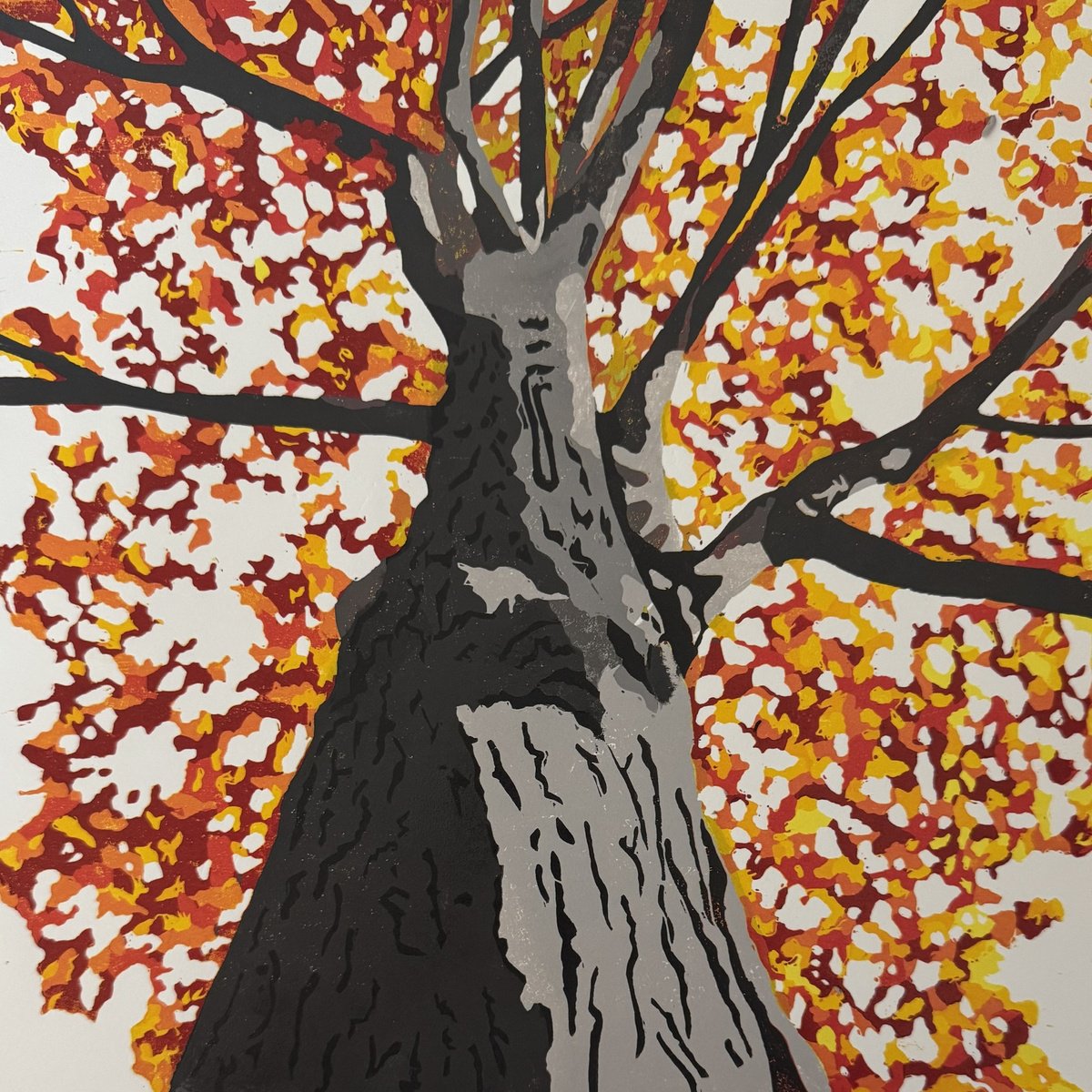 Impressionistic Botanical Linocut By Joanne Spencer, 12 X 12, Canopy, Original Artwork