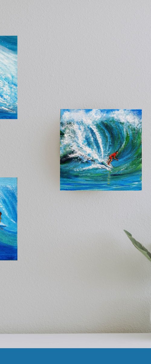 Set of three Surfing the Blue summer waves by Asha Shenoy