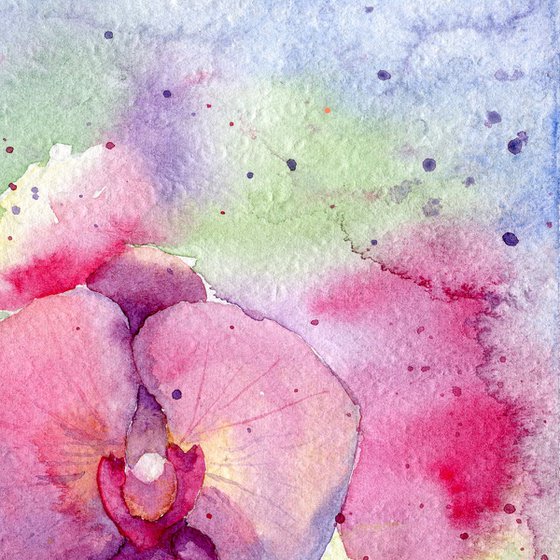 Branch of a blooming orchid. Original watercolor artwork.