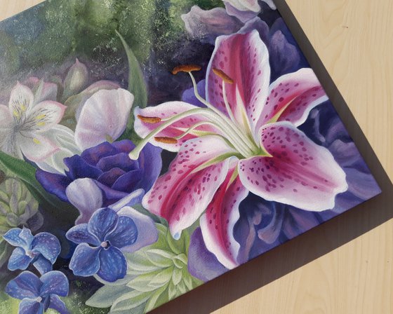 "Floral fantasy", oil flowers painting, lily art, mixed media
