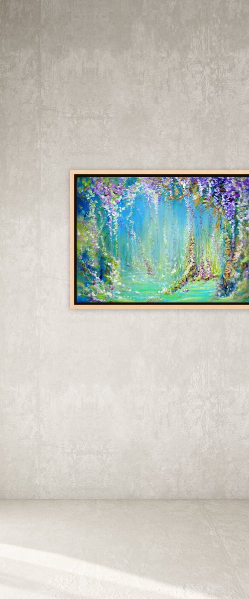 Abstract Landscape "Magic Forest" Painting. Floral Abstract Tropical Flowers and Birds. Original Blue Teal Green Painting on Canvas. Modern Impressionism Art by Sveta Osborne