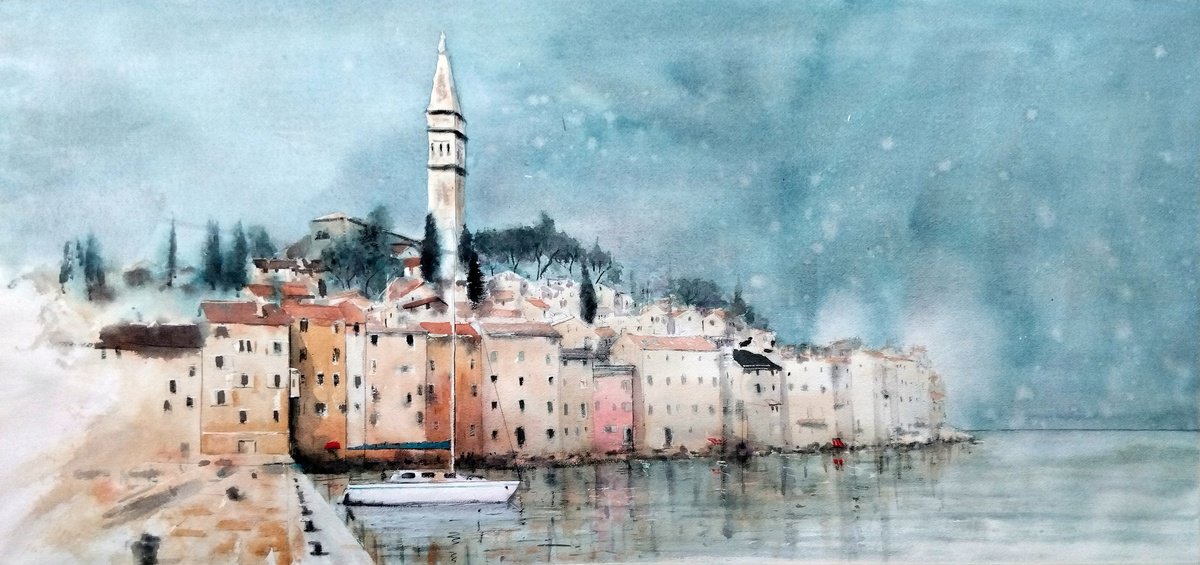 Impressionistic Cityscapes Watercolour By Nenad Kojic, 38 X 18", Bela Ladja Rovinj Croatia V2, Original Artwork