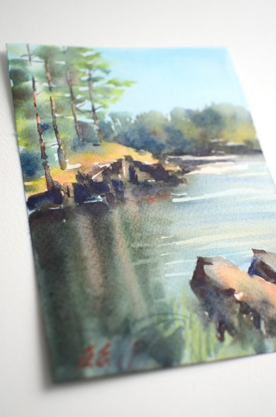 Ladoga Lake in Karelia, Pine trees, stones and water