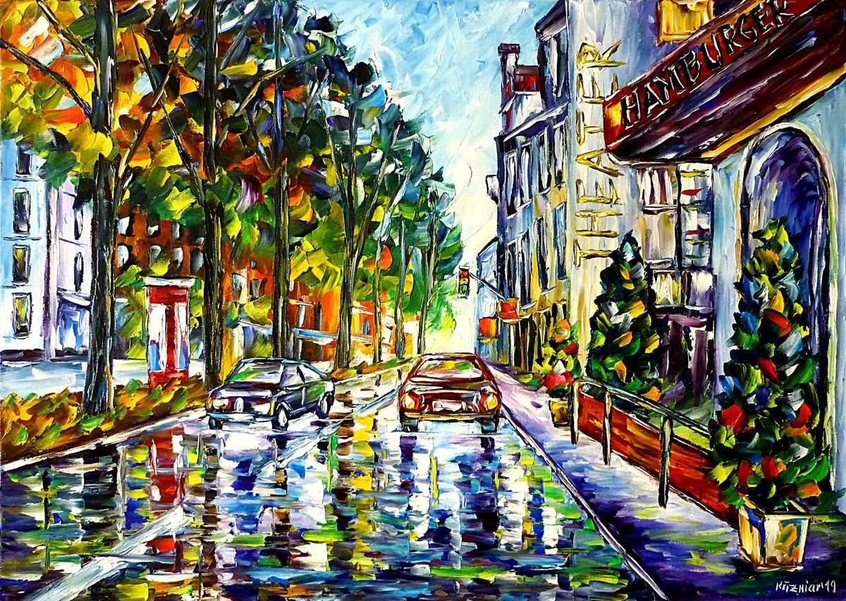 Expressive Cityscapes Oil Painting By Mirek Kuzniar, 28 X 20", Spring In Hamburg, Original Artwork