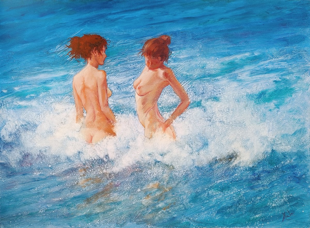 Impressionistic Portrait Oil Painting By Isabel Mahe, 29 X 21, In The Blue Sea, Original Artwork