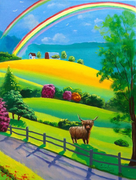 Highland cow and a double rainbow