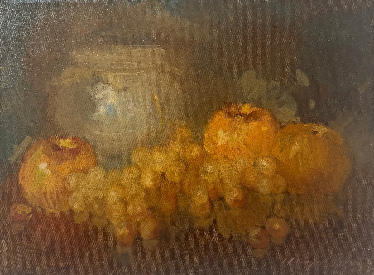 Impressionistic Landscape Oil Painting By Vahe Yeremyan, 14 X 10", Apples With Grapes, Original Artwork
