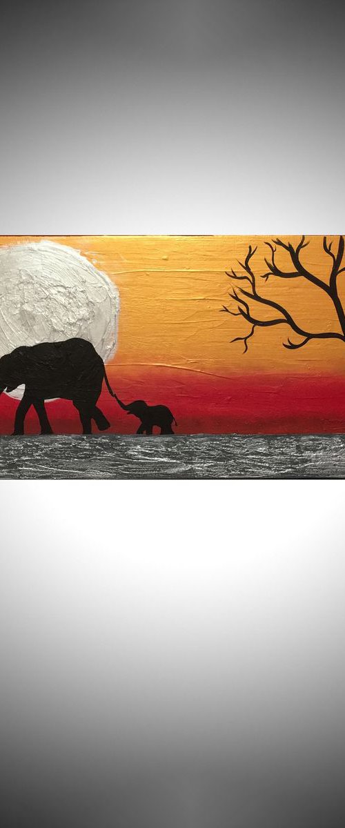 original abstract landscape "elephants on silver sun" tree of life gold metallic silver impasto africa animal africa safari painting art canvas - 30 x 90 cm by Stuart Wright