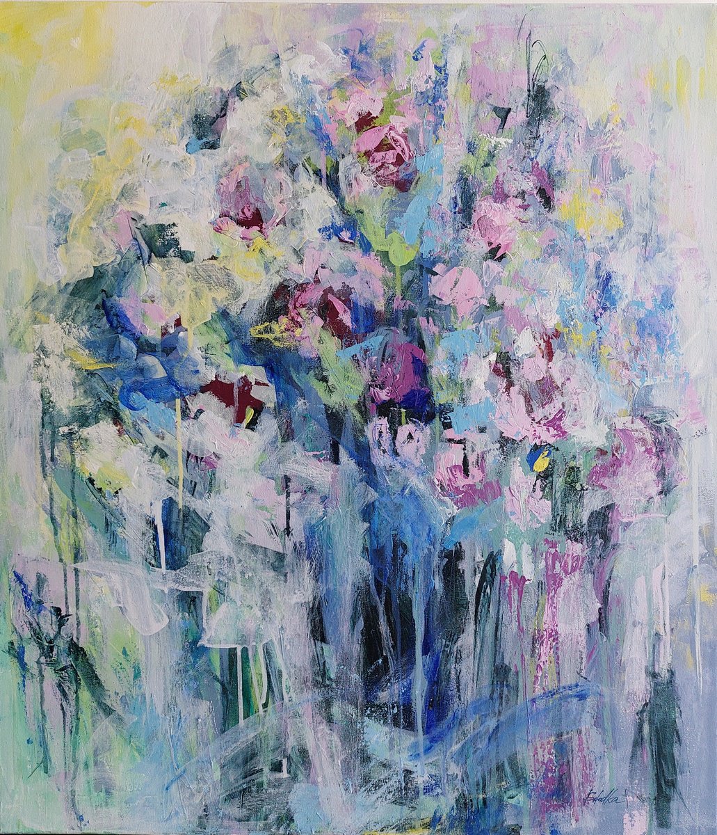 Impressionistic Botanical Acrylic Painting By Katia Solodka, 28 X 31", Memories Of Summer, Original Artwork