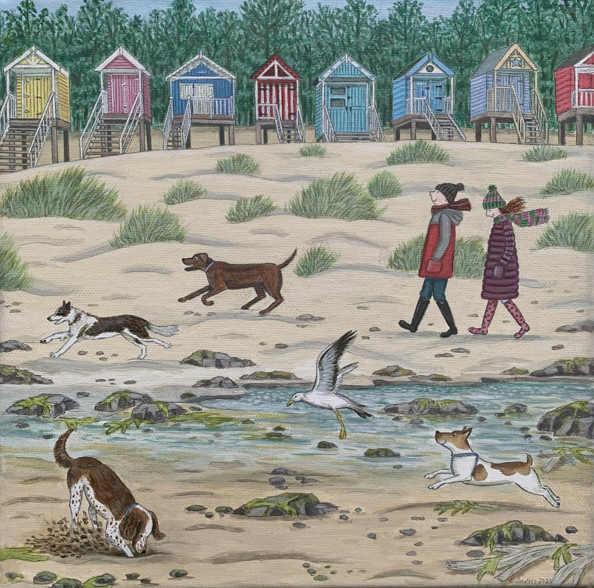 Naive Animal Acrylic Painting By Lisa Davies, 11 X 11", Blowing The Cobwebs Away, Original Artwork