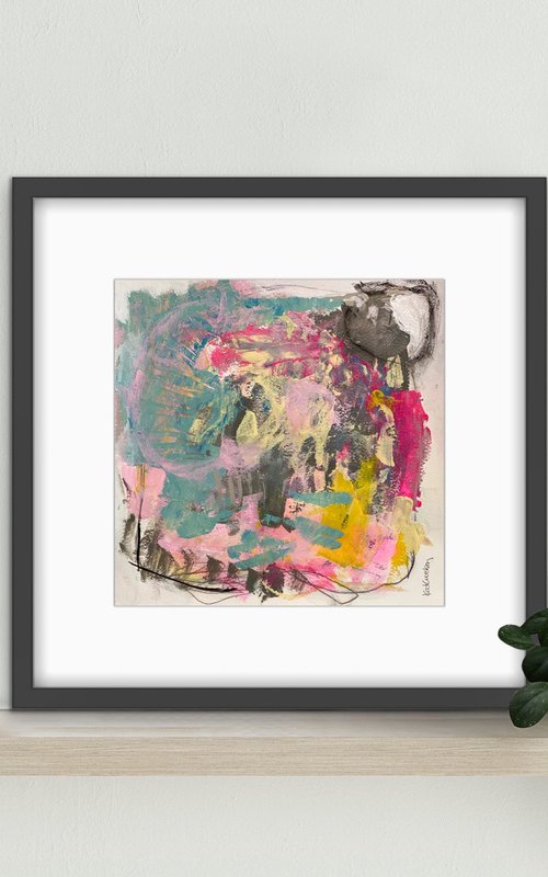 One Too Many Cosmos - textured bold playful small scale abstract pinks greens by Kat Crosby
